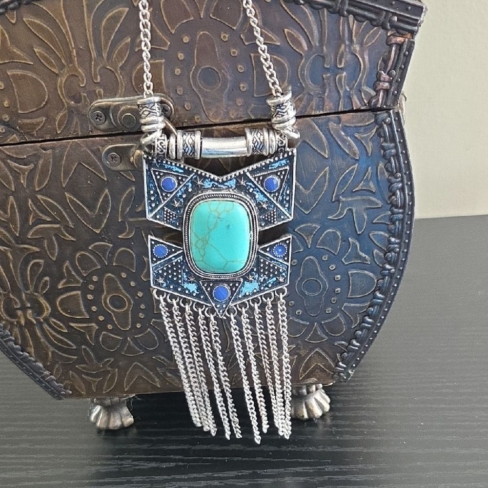 Bohemian Silver Toned and Blue Pendant Necklace